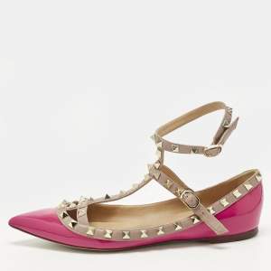Pre Owned Valentino Beige/Pink Patent and Leather Rockstud Ballet Flats Size 40