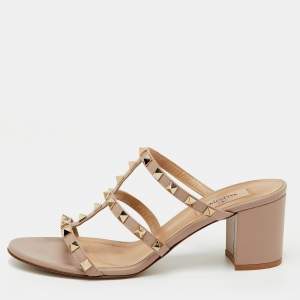 Pre Owned Valentino Beige Leather Rockstud Block Heel Slide Sandals Size 39.5