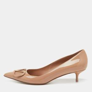 Pre Owned Valentino Beige Patent Leather VLogo Pointed Toe Pumps Size 39.5