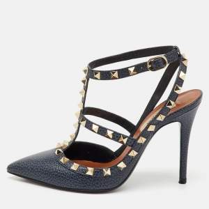 Pre Owned Valentino Navy Blue Leather Rockstud Ankle Strap Pumps Size 36