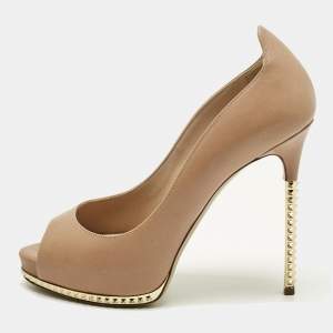 Pre Owned Valentino Beige Leather Rockstud Peep Toe Pumps Size 36