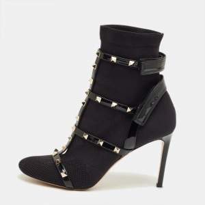 Pre Owned Valentino Black Knit Fabric and Leather Rockstud Ankle Length Boots Size 40