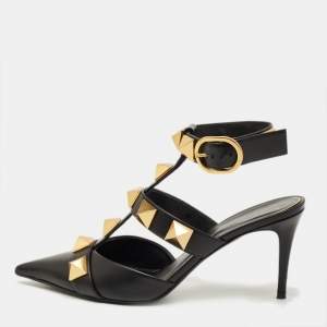 Pre Owned Valentino Black Leather Roman Stud Pointed Toe Ankle Cuff Pumps Size 38