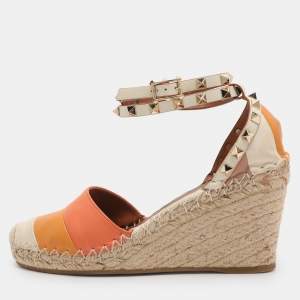Pre Owned Valentino Multicolor Leather Rockstud Wedge Ankle Strap Sandals Size 37