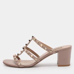 Pre Owned Valentino Nude Pink Leather Rockstud Block Heel Slide Sandals Size 39