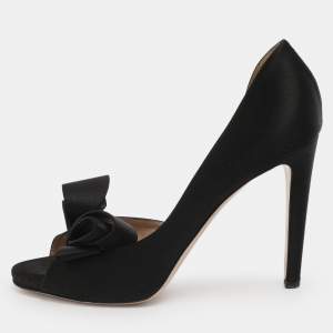 Pre Owned Valentino Black Satin Bow Peep Toe D'orsay Pumps Size 38.5