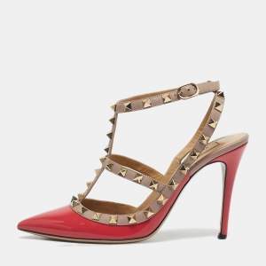 Pre Owned Valentino Pink/Beige Patent Leather Rockstud Caged Ankle Strap Pumps Size 37