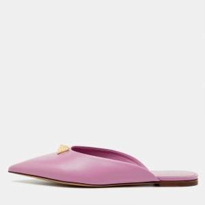 Pre Owned Valentino Pink Leather Roman Stud Pointed Toe Flat Mules Size 38.5