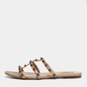 Pre Owned Valentino Pink Leather Rockstud Flat Slide Size 39