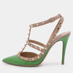 Pre Owned Valentino Green/Beige Patent Leather Rockstud Ankle Strap Pumps Size 38.5