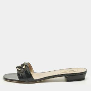 Pre Owned Valentino Black Patent Leather VLogo Slide Sandals Size 39.5