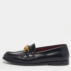 Pre Owned Valentino Black Leather Escape VLogo Chain Slip On Loafers Size 40
