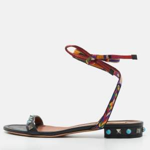 Pre Owned Valentino Black Leather Rolling Rockstud Ankle Wrap Flat Sandals Size 38.5