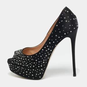 Pre Owned Valentino Black Satin Crystal Embellished Platform Peep Toe Pumps Size 36