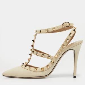 Pre Owned Valentino Cream Leather Rockstud Ankle Strap Pumps Size 37