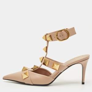 Pre Owned Valentino Beige Leather Roman Stud Ankle Strap Pumps Size 37
