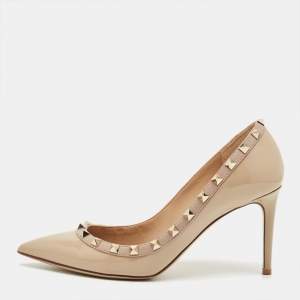 Pre Owned Valentino Beige Patent Leather Rockstud Pointed Toe Pumps Size 38.5