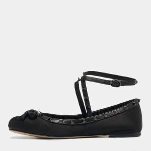 Pre Owned Valentino Black Satin Rockstud Bow Ballet Flats Size 40.5