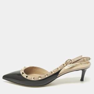 مملوكة مسبقًا Valentino Rockstud Size 39 Black/Beige Patent and Leather D'orsay Slingback Pumps