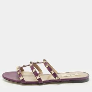 Pre Owned Valentino Rockstud Size 38 Purple Leather Flat Slides 