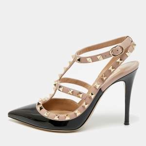 Pre Owned Valentino Rockstud Size 37.5 Beige/Black Leather and Patent Ankle Strap Pumps