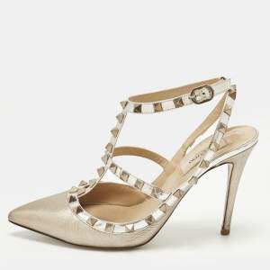 مملوكة مسبقًا Valentino Rockstud Size 38 Metallic Leather Ankle Strap Pumps