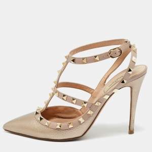 Pre Owned Valentino Rockstud Size 41 Gold/Beige Leather Pumps
