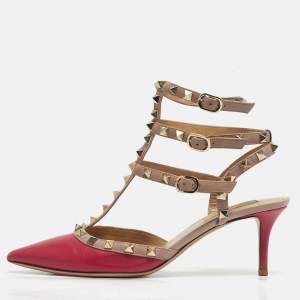 Pre Owned Valentino Rockstud Size 38.5 Beige/Purple Ankle Strap Leather Pumps