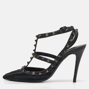 Pre Owned Valentino Rockstud Size 38.5 Black Calf Hair and Leather Ankle Strap Pumps