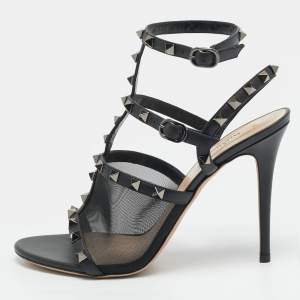 Pre Owned Valentino Rockstud Size 39 Black Leather and Mesh Ankle Strap Sandals