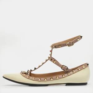 Pre Owned Valentino Rockstud Size 38  Cream/Pink Leather and Patent Leather Ballet Flats