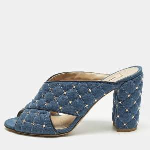 Pre Owned Valentino Rockstud Crisscross Size 38 Blue Denim Slide Sandals
