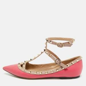 Pre Owned Valentino Rockstud Size 41 Pink/Beige Leather Ballet Flats
