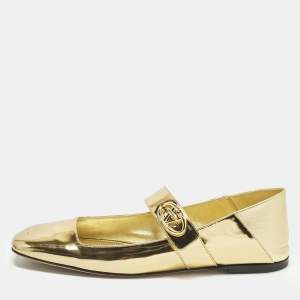 Pre Owned Valentino VLogo Size 40 Gold Leather and Patent Leather Mary-James Ballet Flats