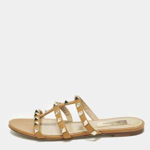مملوكة مسبقًا Valentino Rockstud Size 35 Brown Leather Flat Slide