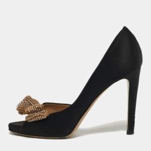 Pre Owned Valentino Size 36 Black Satin Bow Crystal Embellished D'orsay Pumps