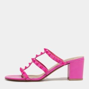 Pre Owned Valentino Rockstud Size 38 Pink Patent Leather Slide Sandals