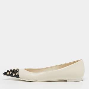 Pre Owned Valentino Rockstud Size 36 White/Black Leather Pointed Cap Toe Ballet Flats
