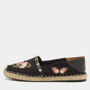 Pre Owned Valentino Rockstud Size 39 Black Canvas Embroidered Butterfly Espadrille Flats
