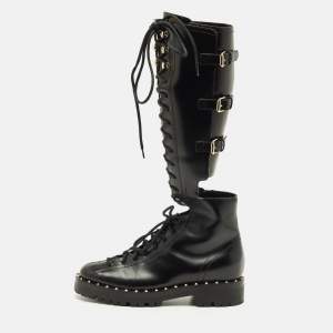 Pre Owned حذاء بوت طول ركبة فالنتينو سول كومباكت جلد عنابي مرصع مقاس37 