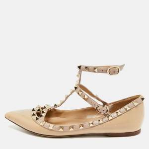 Pre Owned Valentino Rockstud Size 37 Beige Leather and Patent Leather Ballet Flats