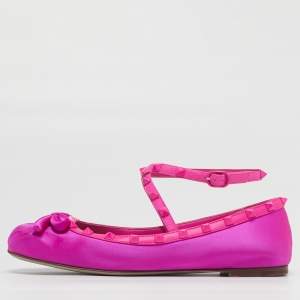 مملوكة  مسبقًا Valentino Rockstud Size 39.5 Pink Leather and Satin Bow Ankle Strap Ballet Flats