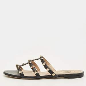 مملوكة مسبقًا Valentino Rockstud Size 37.5 Black Leather Flat Slide