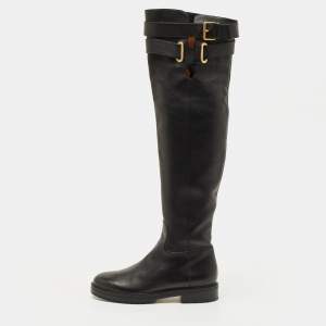 Pre Owned Valentino Size 40 Black Leather Over The Knee Boots