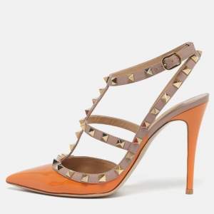 مملوكة مسبقًا Valentino Rockstud Size 39 Beige/Orange Leather and Patent Ankle Strap Pumps