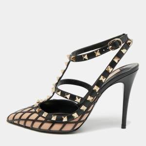 Pre Owned Valentino Rockstud Size 39 Black Leather Ankle Strap Pumps