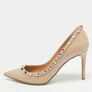 Pre Owned Valentino Rockstud Size 38 Beige Leather and Patent Pumps