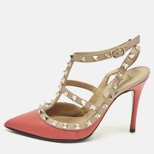 Pre Owned Valentino Rockstud Size 36 Red/Beige Leather Caged Ankle Strap Pumps