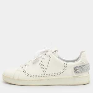Pre Owned Valentino Backnet Rockstud Size 38 White Perforated Leather Low Top Sneakers 