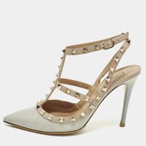Pre Owned Valentino Rockstud Caged Size 39 Grey/Beige Patent and Leather Ankle Strap Pumps